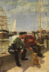 岸壁に2人の漁師